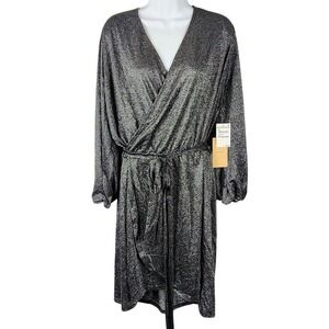 NWT Black Metallic Faux Wrap Dress 3X Whimsy Goth Dark Feminine Vamp Plus cute